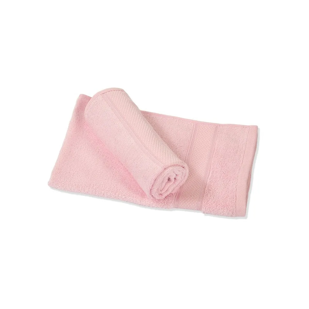 Rolled and folded light pink hand towels on a white background