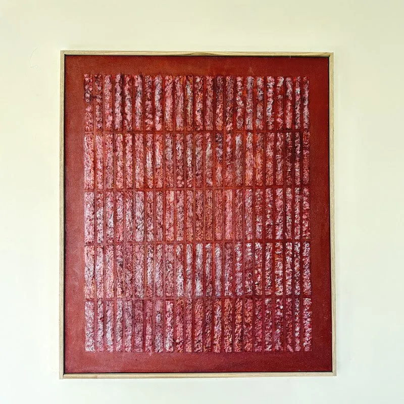 Front view of square maroon textured wall art in a slim natural frame