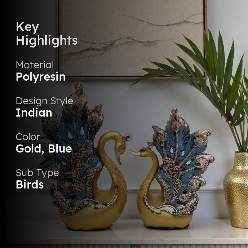 Regal Peacock Polyresin Showpiece (Gold) - Set Of Two media 2