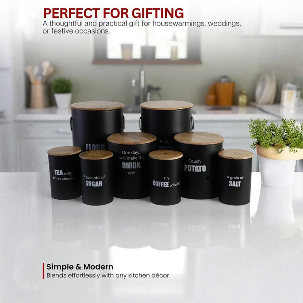 Eight black containers arranged in a bright kitchen setting with natural-toned lids.