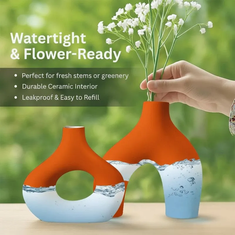 Noctra Sculptural Dual Ceramic Vase (Orange) - Set Of Two media 6