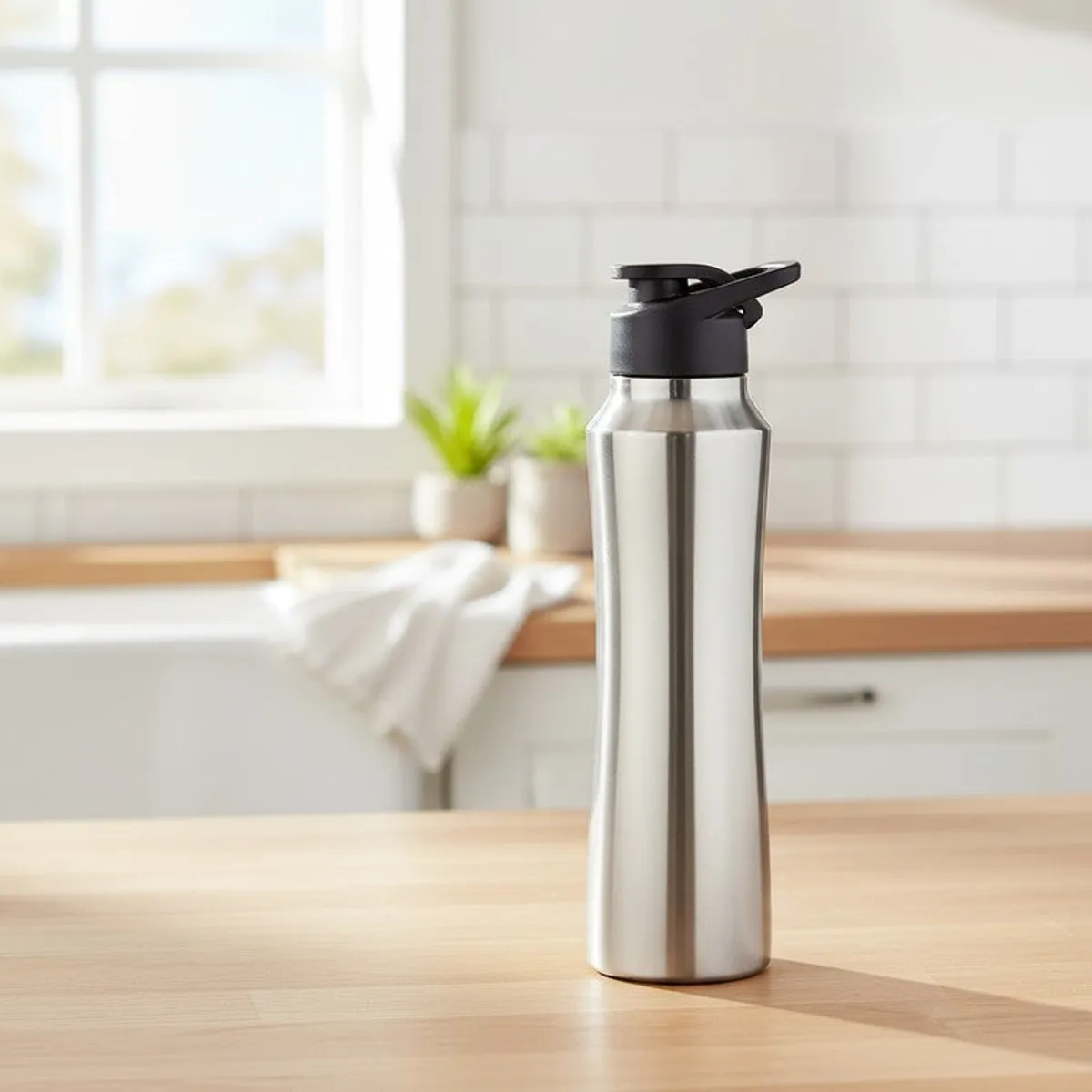 Silver steel bottle with black sipper cap in a kitchen setting