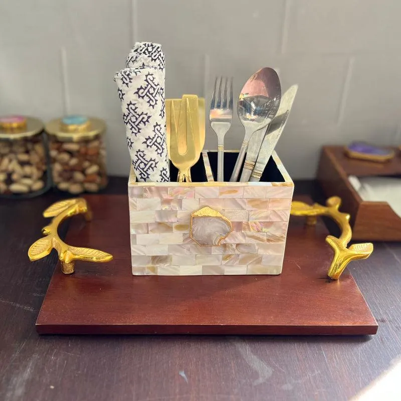Suzzaine Handcrafted Mother Of Pearl & Agate Cutlery Holder - White & Beige media 1