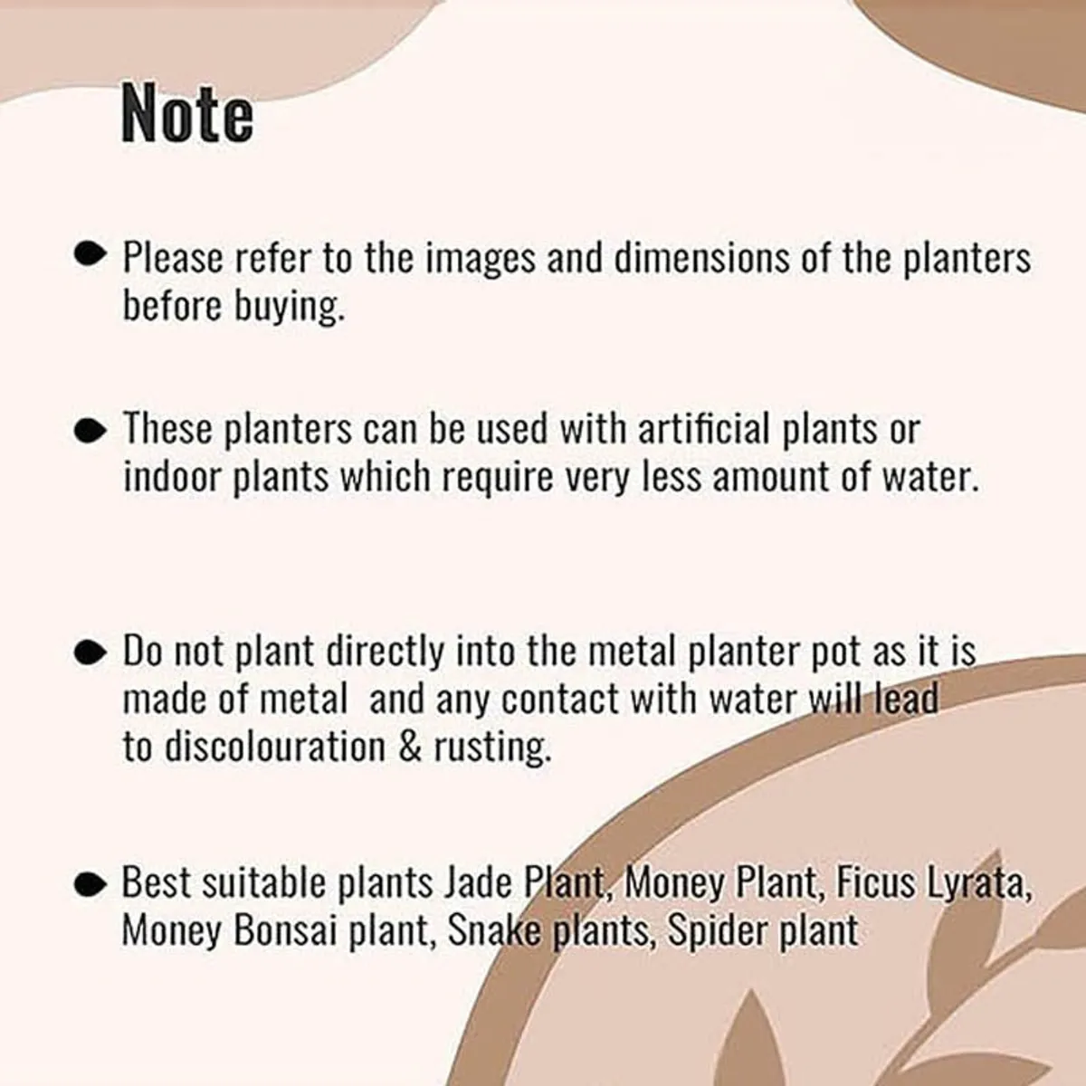 Printed note image showing planter care and usage guidance