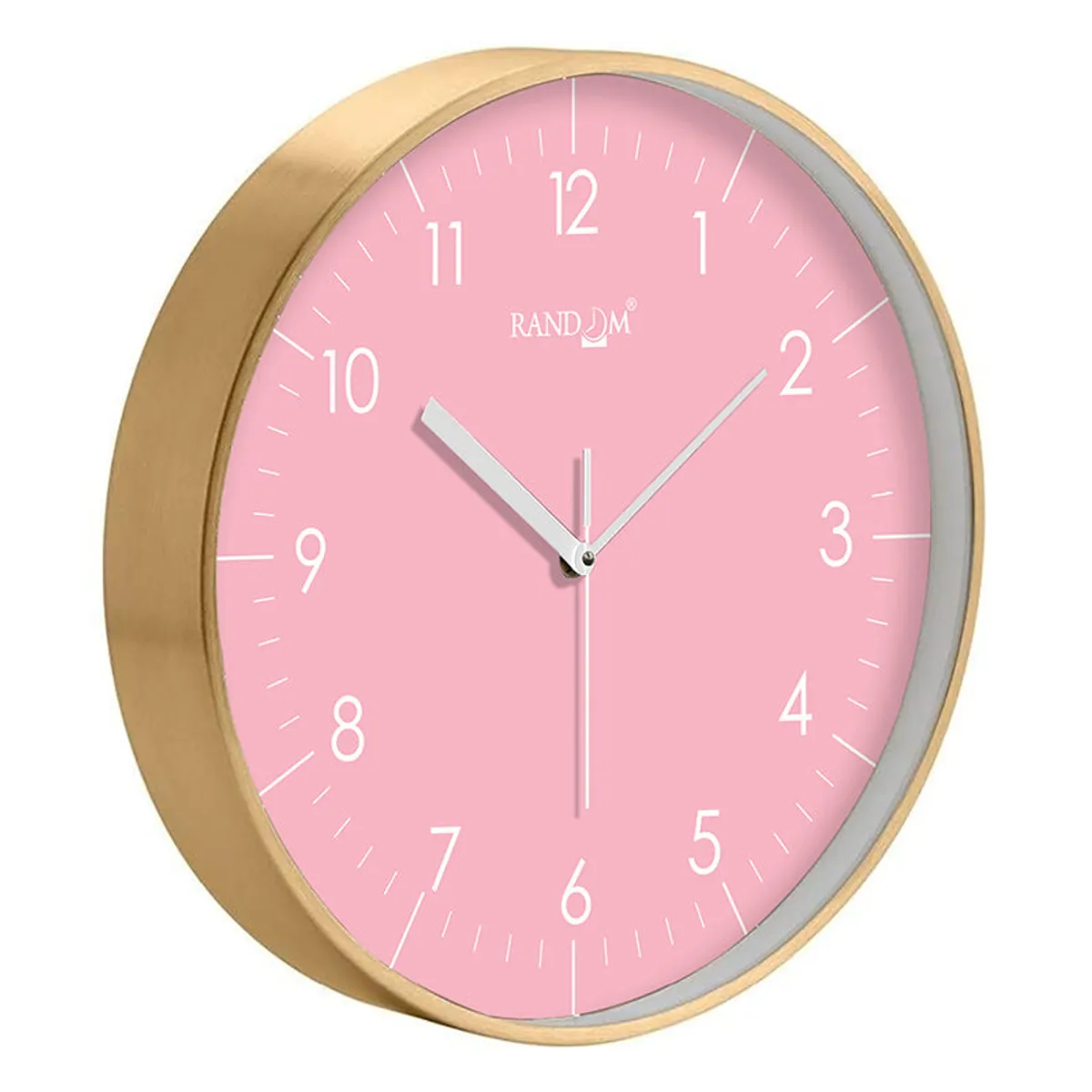 Angled view showing the pink clock face and gold side rim