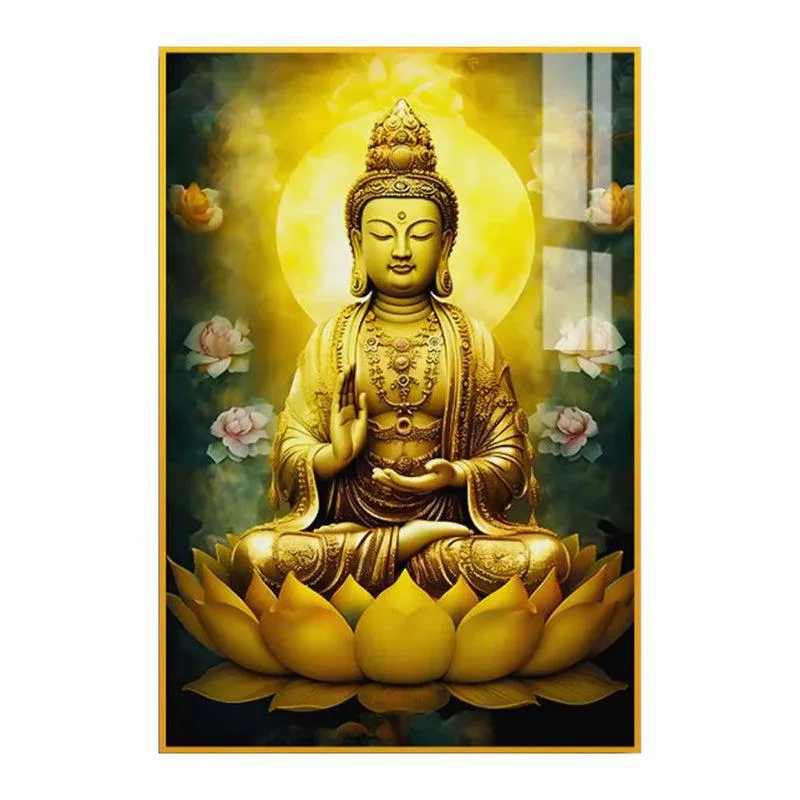 Kamalasana Buddha Spiritual Canvas Wall Art With Frame - Gold media 3