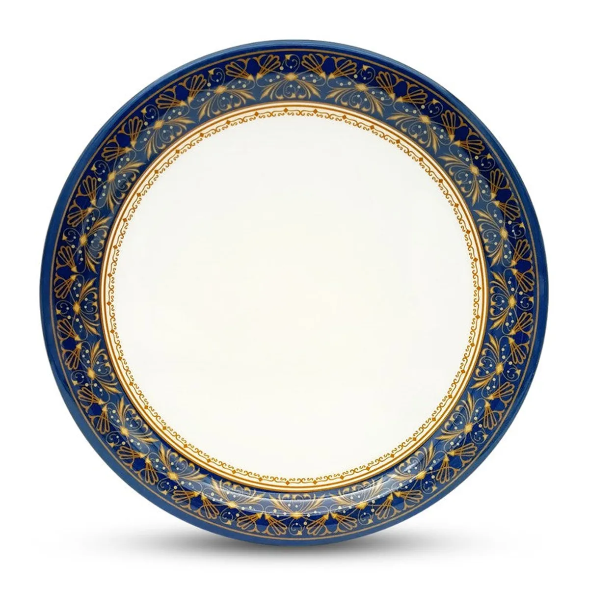 Close-up of a round blue and white quarter plate with ornate border