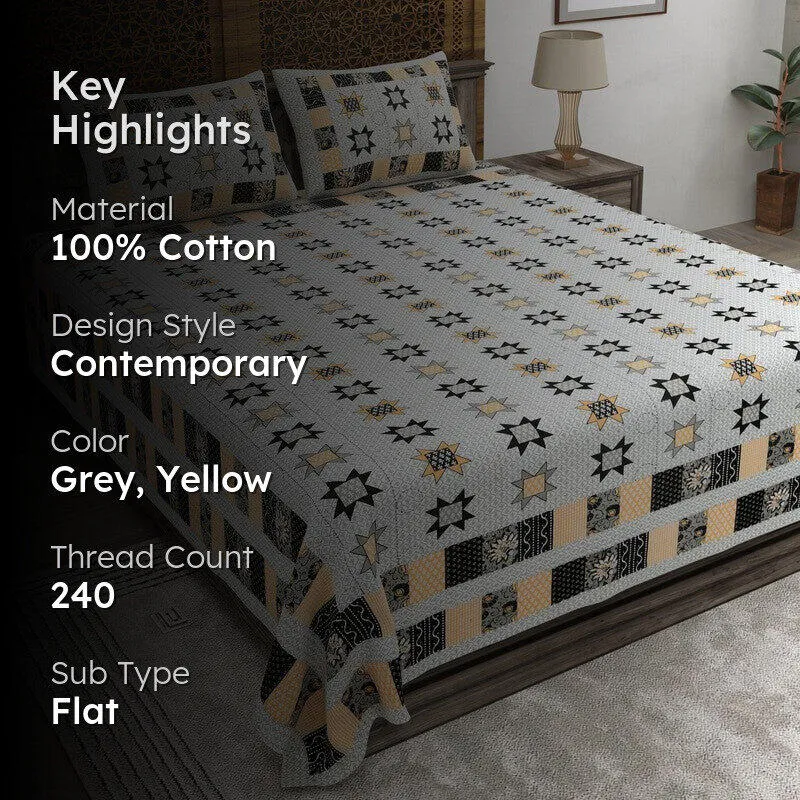 Weaveo Cotton Bedsheet (Grey,Yellow) - 240 TC media 2