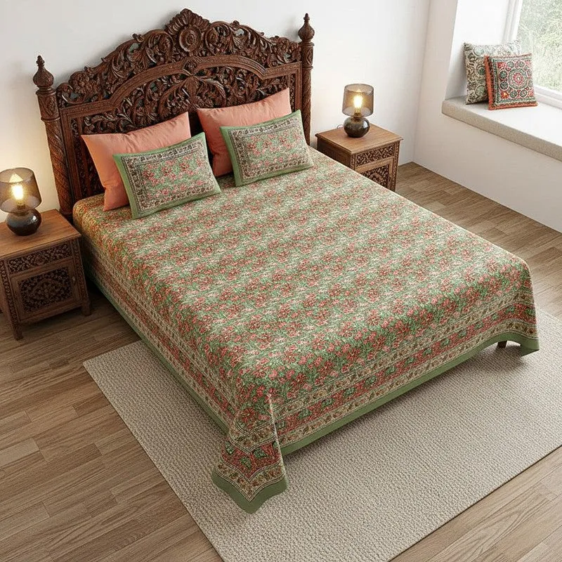 Aayushi Cotton Bedsheet (Green, Peach) - 180 TC media 1