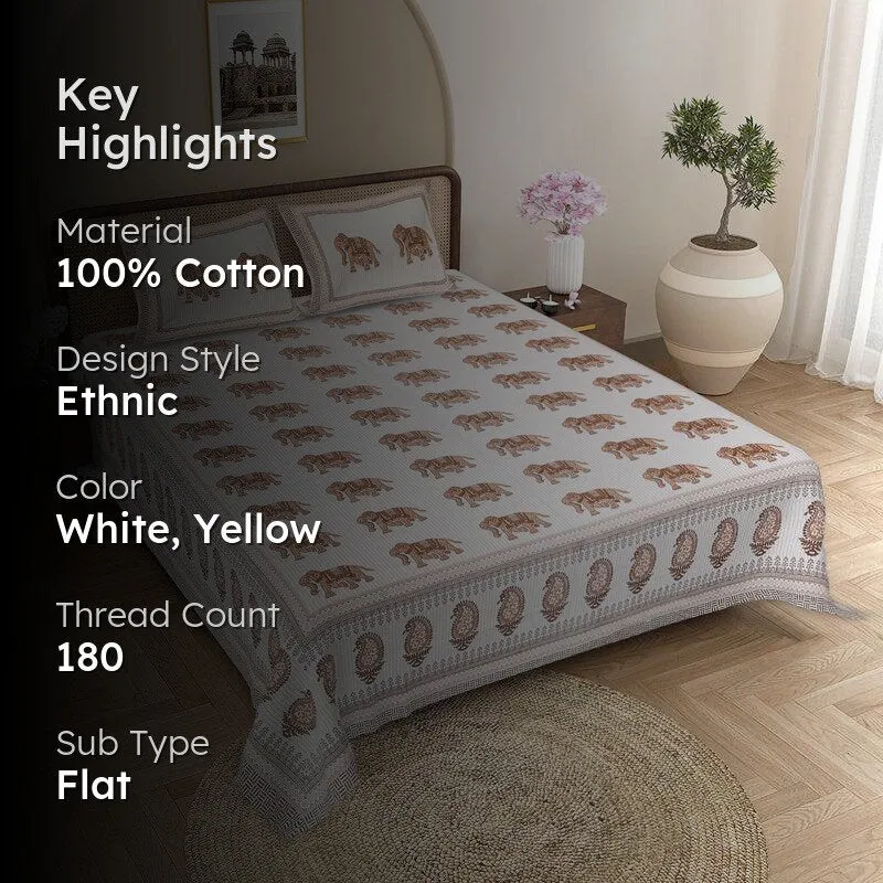 Viraj Ethnic Cotton Bedsheet (White,Yellow) - 180 TC media 2