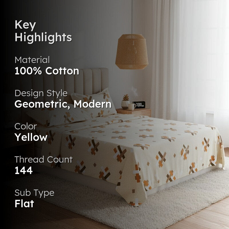 Criss Cross Chrome Cotton Bedsheet (Yellow) - 144 TC media 2