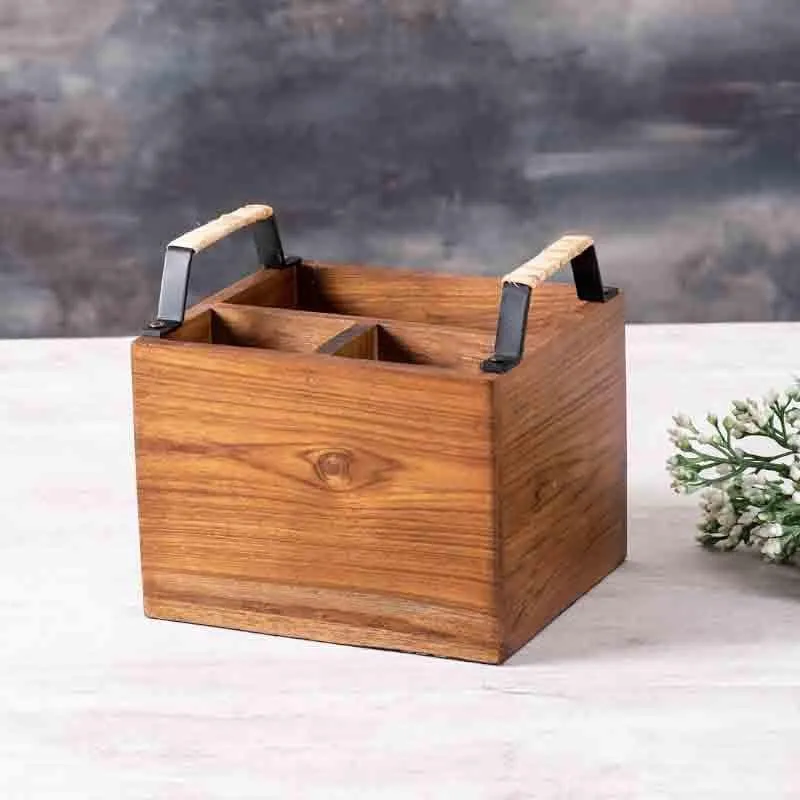 Rustic Wooden Cutlery Stand with Metal Handles media 4