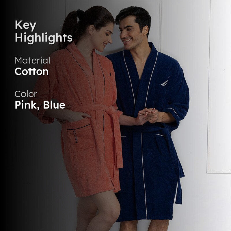 Nautica His & Hers Cashmere Dreams Cotton Bath Robe (Coral & Navy Blue) - Set Of Two media 2