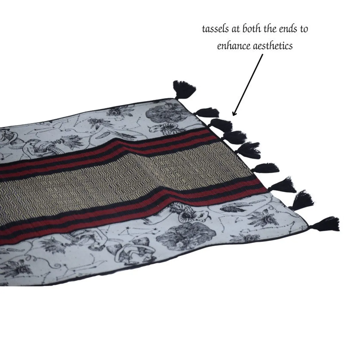Close-up of runner rug corner with tassels and patterned border
