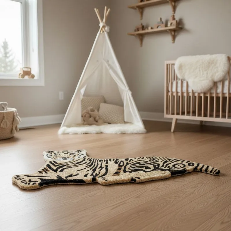 Tiger-shaped carpet placed on a wooden floor in a nursery-style room