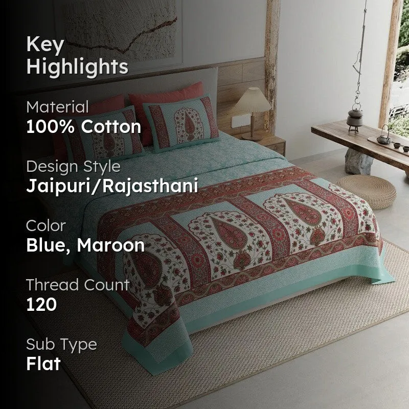 Ethnic Glow Cotton Bedsheet (Blue,Maroon) - 120 TC media 2