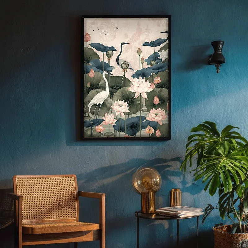 Lotus Garden Birds Canvas Wall Painting With Black Frame media 3