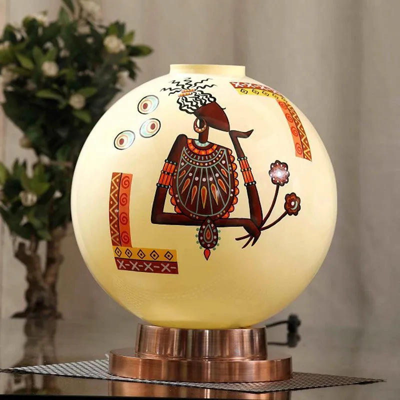 Tribal Lumina Hand Painted Copper & Glass Moon Table Lamp - Multicolor media 3