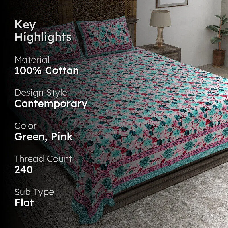 Rangon Cotton Bedsheet (Green,Pink) - 240 TC media 2