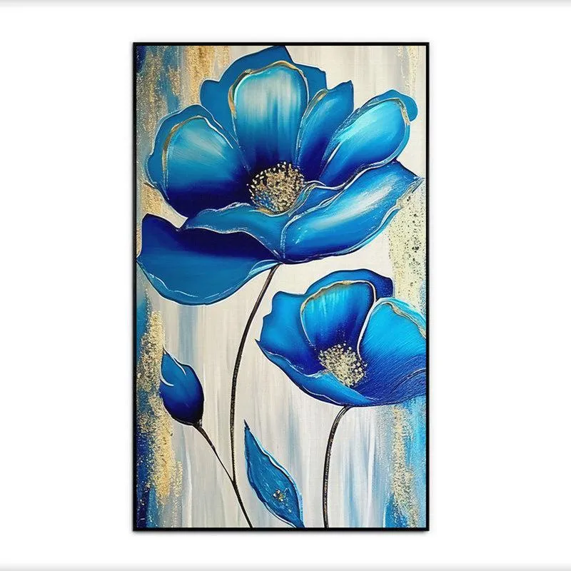 Gilded Bloom In Blue Floral Canvas Wall Painting With Frame - Black media 5