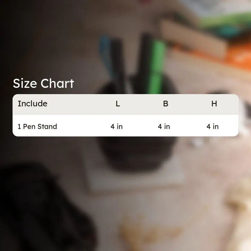 Blurred view of pen stand with size chart overlay