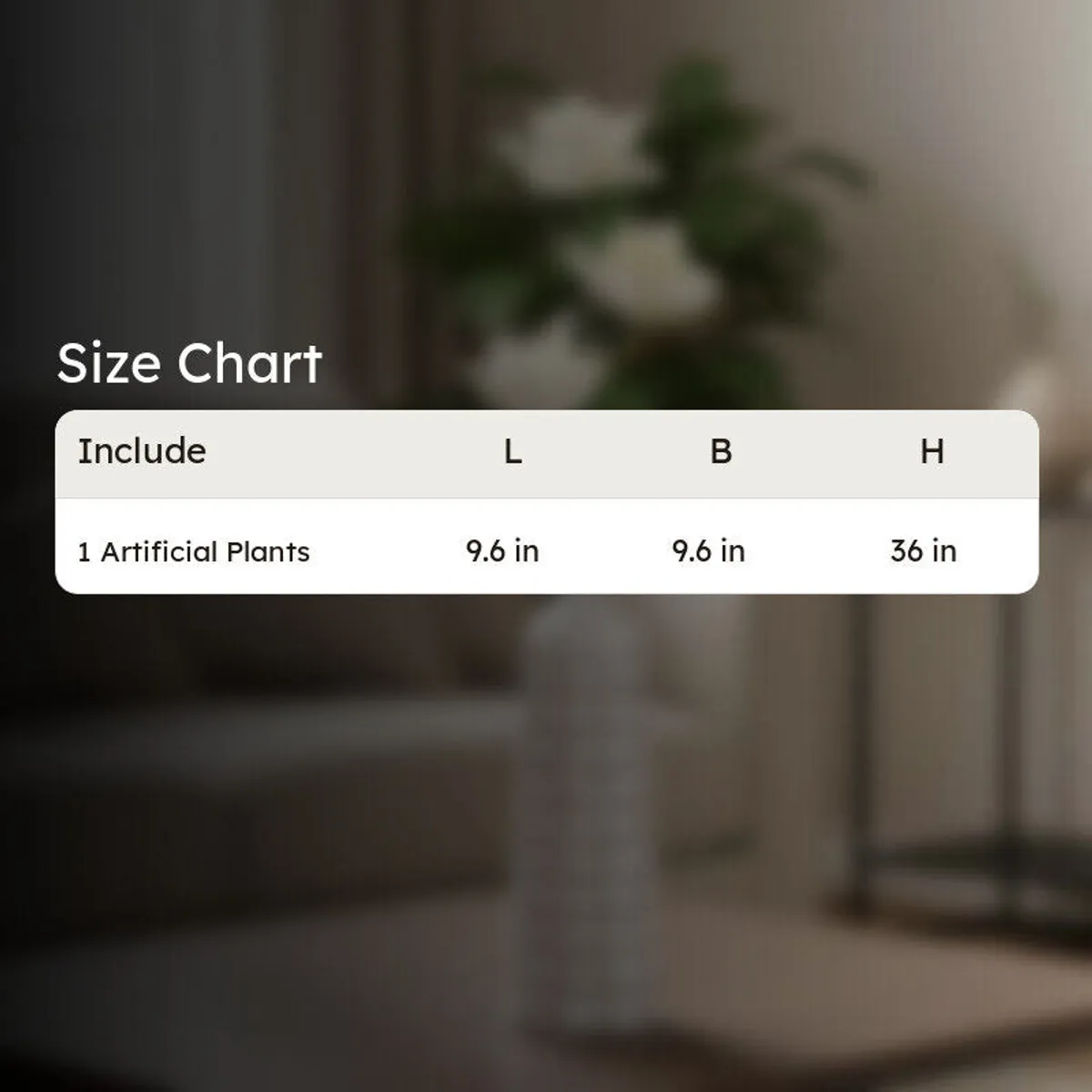 Product size chart graphic over a blurred living-room floral setting
