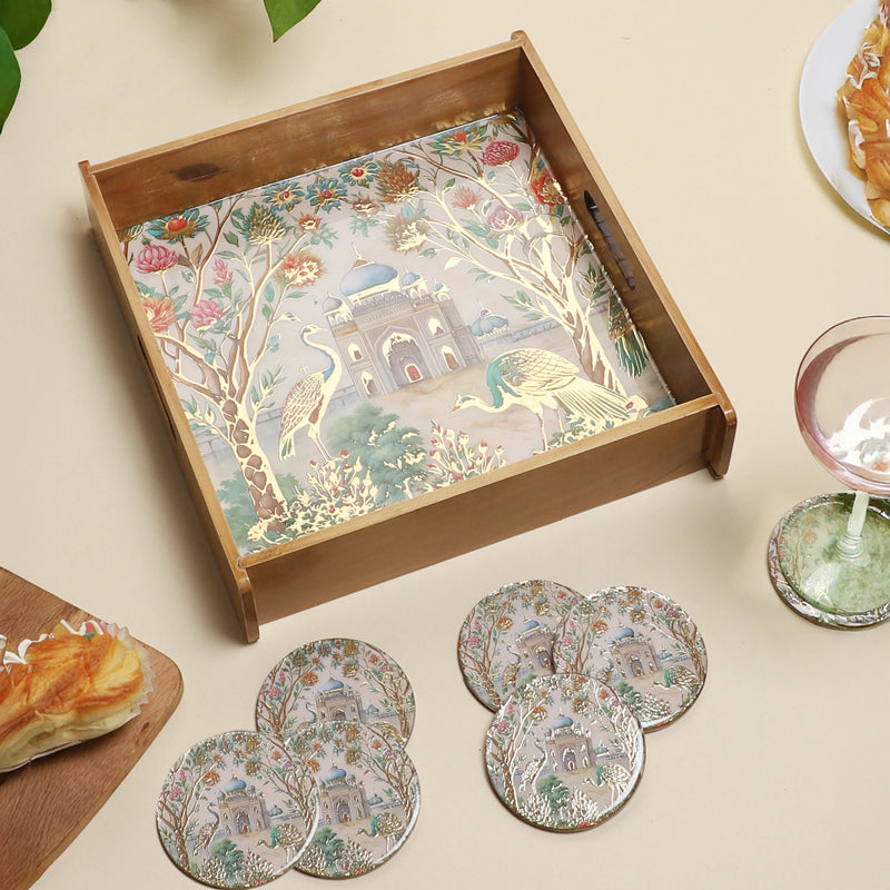 Royal Eden Wooden Serving Tray With Coaster - Seven Piece Set