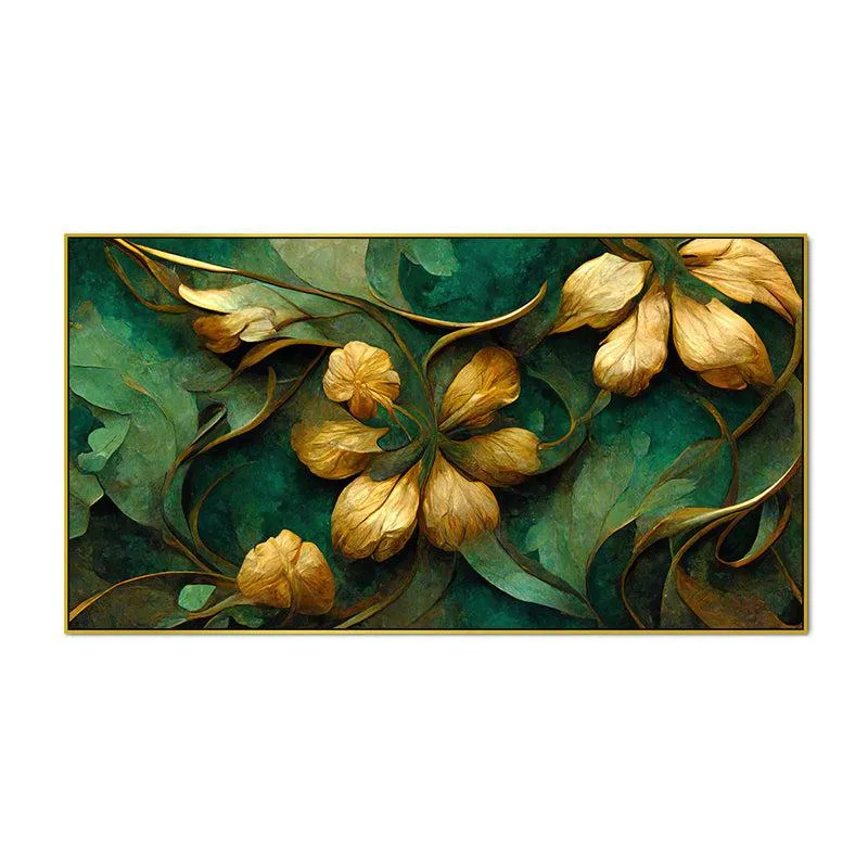 Verdure Golden Petals Floral Canvas Wall Painting With Frame - Gold media 5