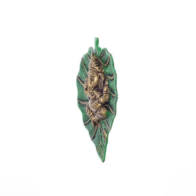 Lord Ganesha On Green Leaf Metal Wall Accent media 3