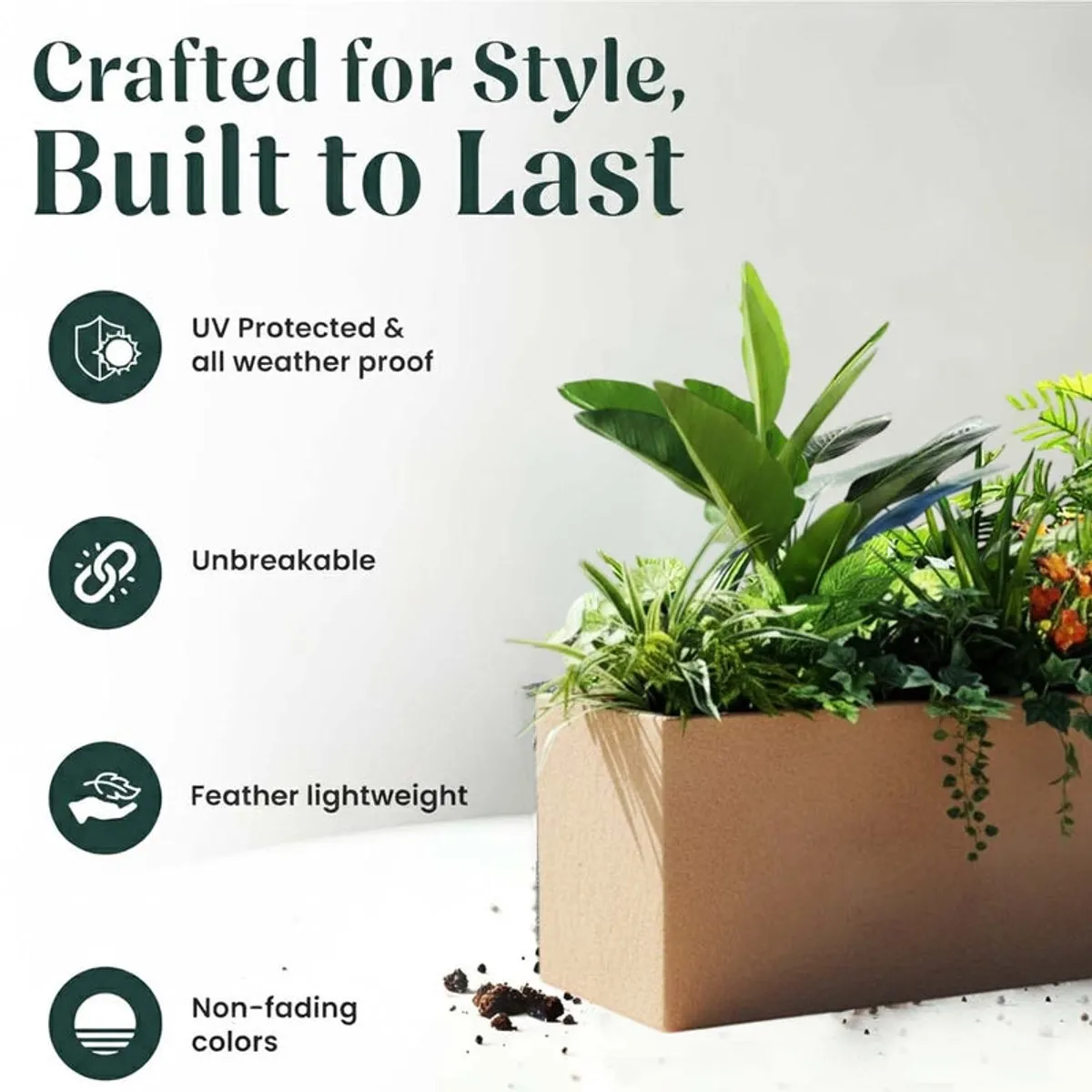 Brown planter with plants beside text highlighting outdoor-friendly features.