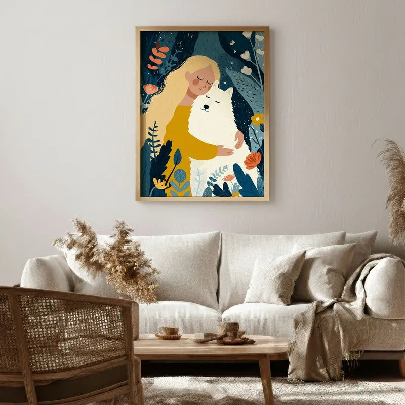 Moonlit Cuddle Canvas Wall Painting - Brown Frame media 1