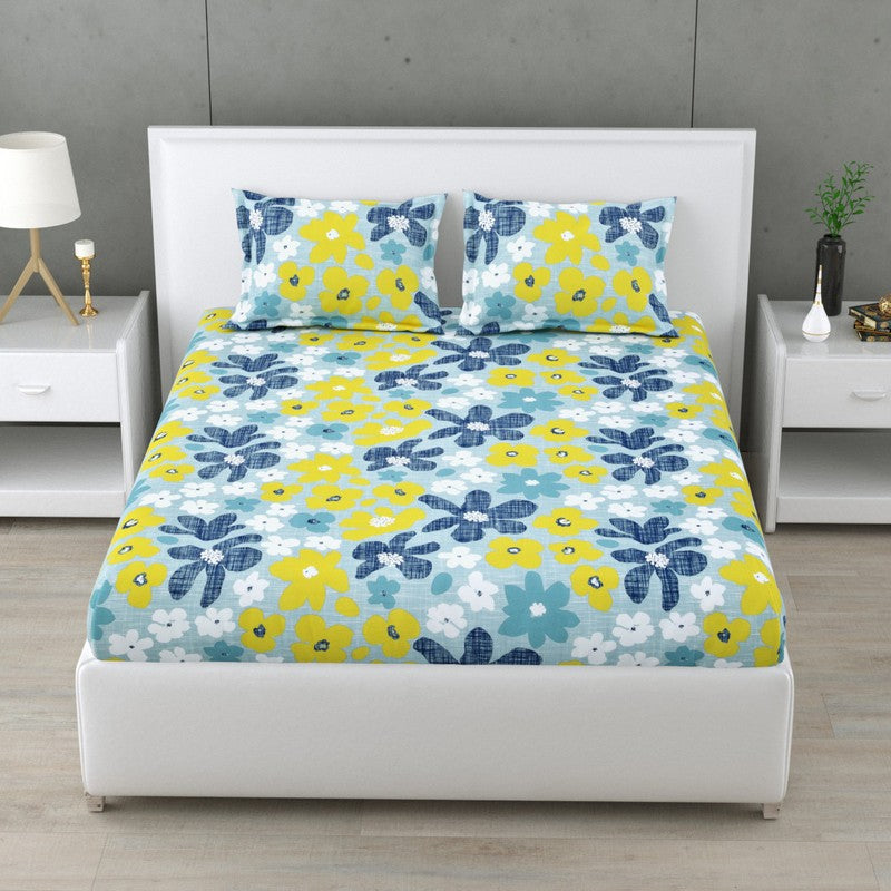 Dreama Printed Pure Cotton Bedsheet (Blue,Yellow) - 160 TC - King