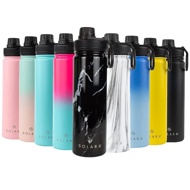 Black marble-look bottle shown among other Solara bottle colour options