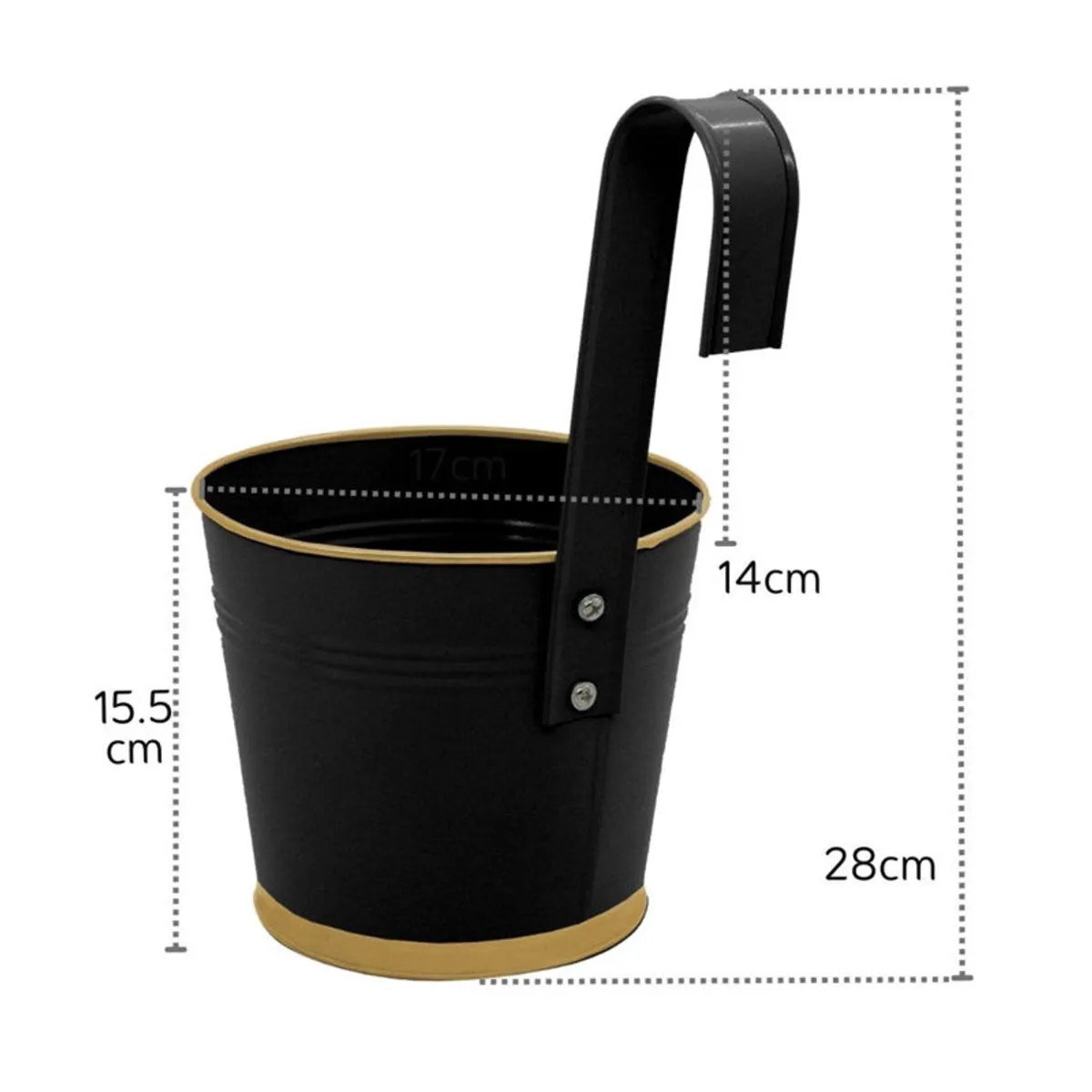 Black hanging planter with hook shown with printed dimension markings