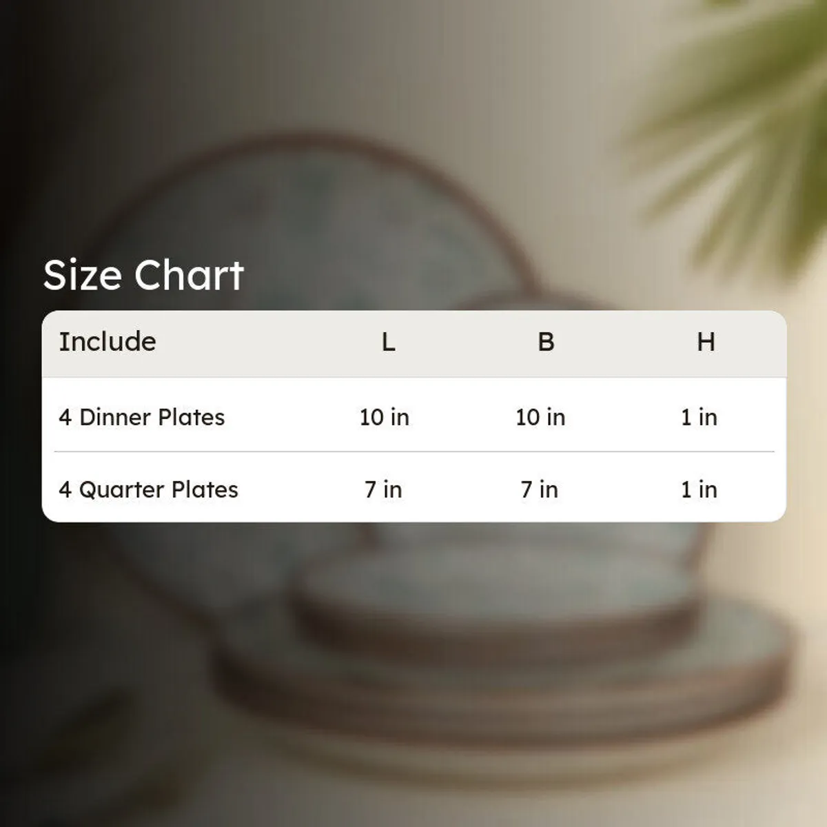 Ceramic plates shown in a size comparison graphic.