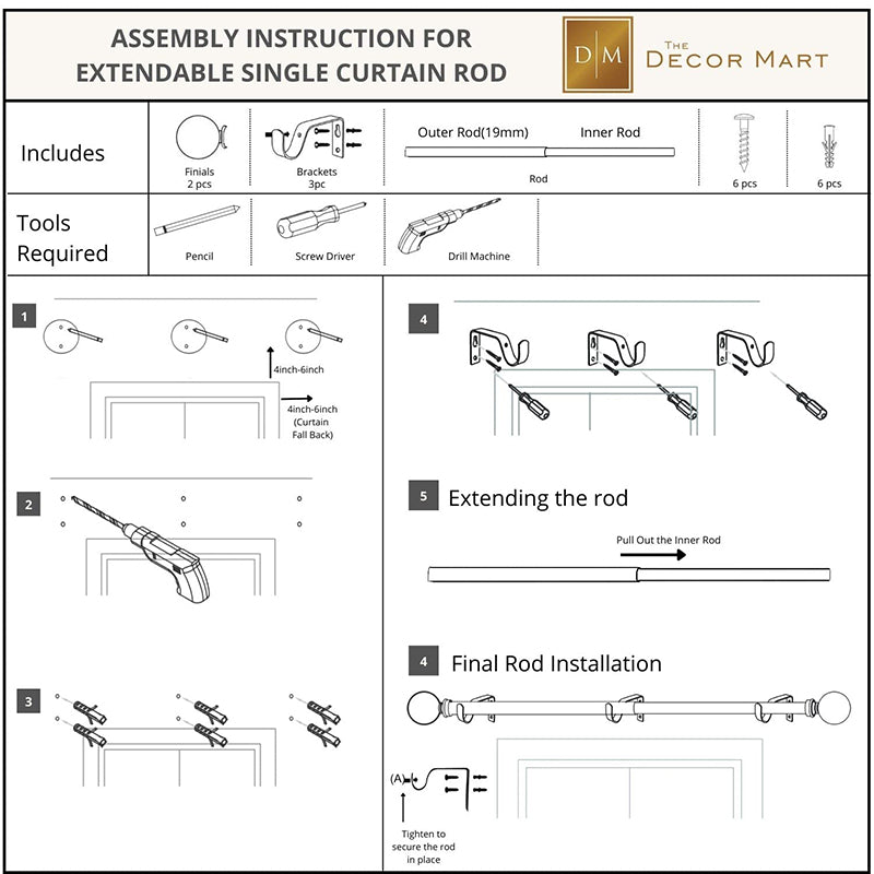 Ethora Extendable 1" Single Curtain Rod With Round Finial & Brackets media 3