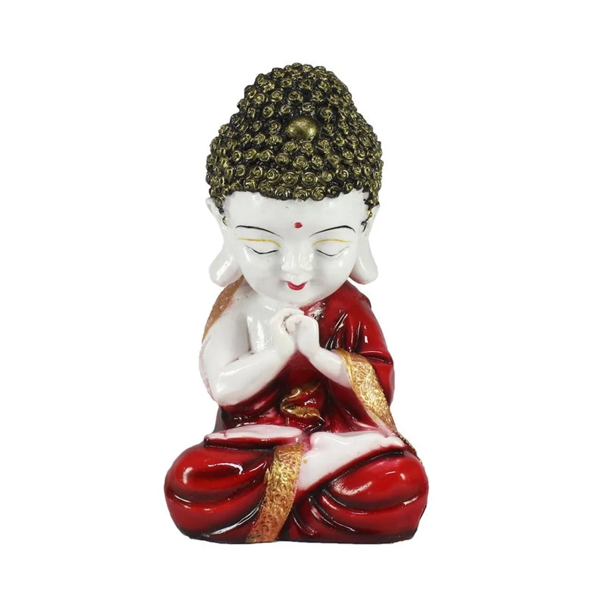Front view of seated Buddha showpiece in red, white and gold