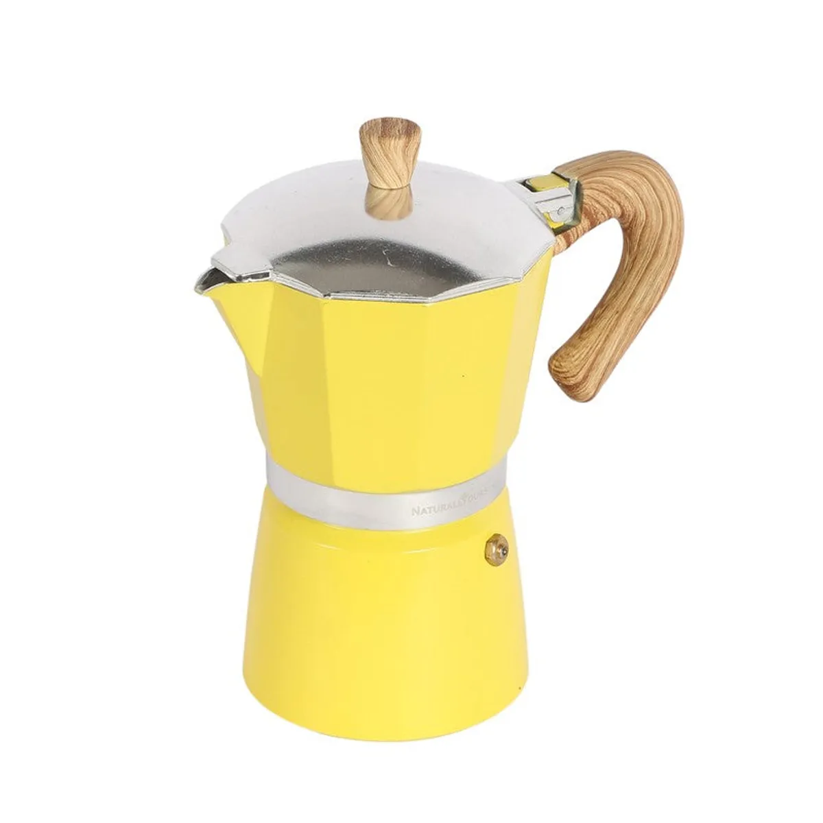 Angled view of a yellow coffee maker with a silver lid and wood-look handle