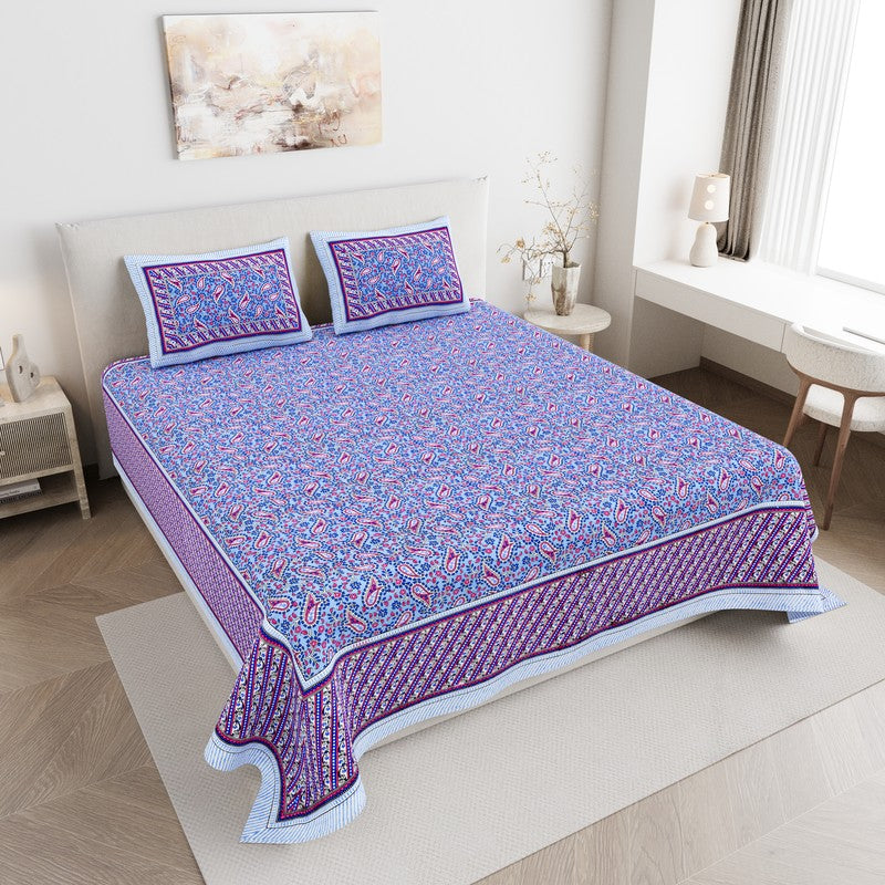 FloralNest Cotton Bedsheet (Blue) - 144 TC