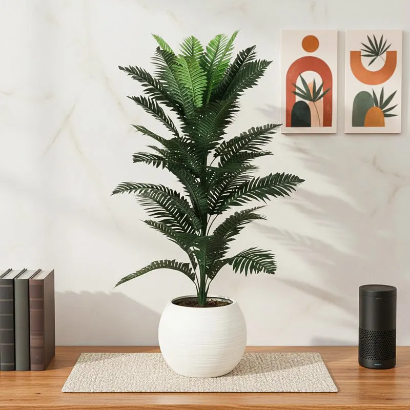 Faux Lush Boston Fern Plant With Black Plastic Pot - 2.8 Feet media 1