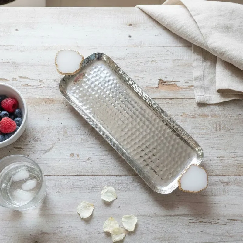 Aurora Edge Hammered (Metal,Agate) Rectangle Platter - Gold & White media 3