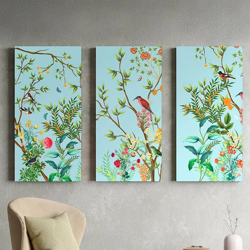 India Circus Azure Garden Canvas Wall Art - Set Of Three media 1