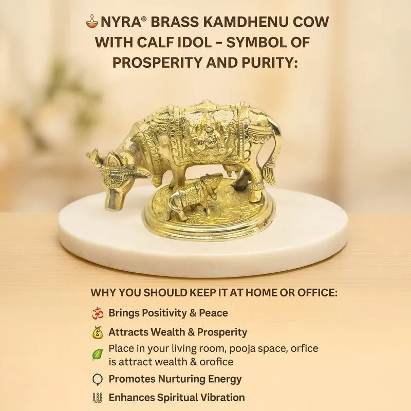 Kamadhenu Cow and Calf Brass Showpiece - Gold media 6