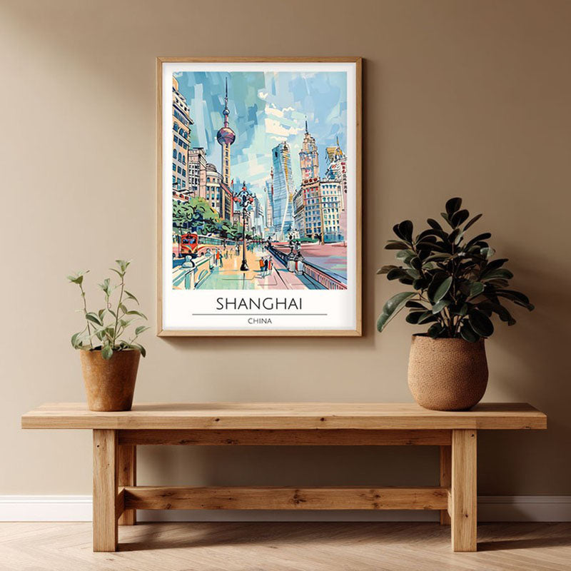 Vintage Shanghai Framed Canvas Archival Canvas Wall Painting - Natural Brown Frame
