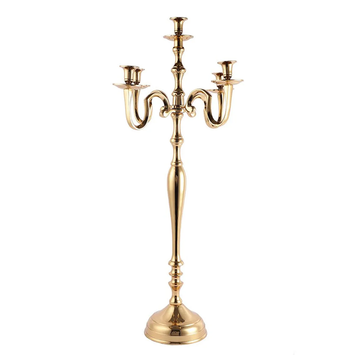Gold freestanding candle holder with five curved arms on a white background