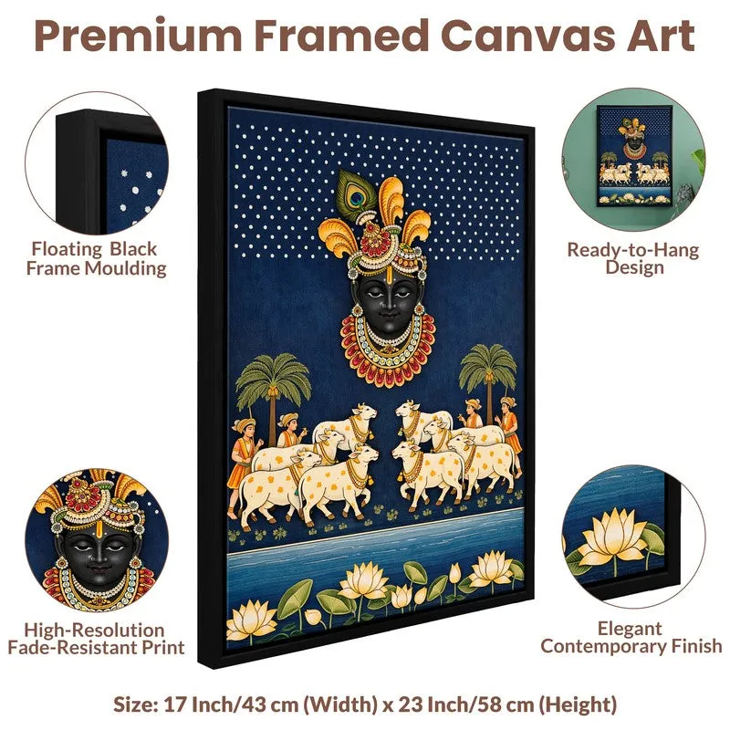 Krishna Gwalas Cow Canvas Wall Painting With Frame media 5