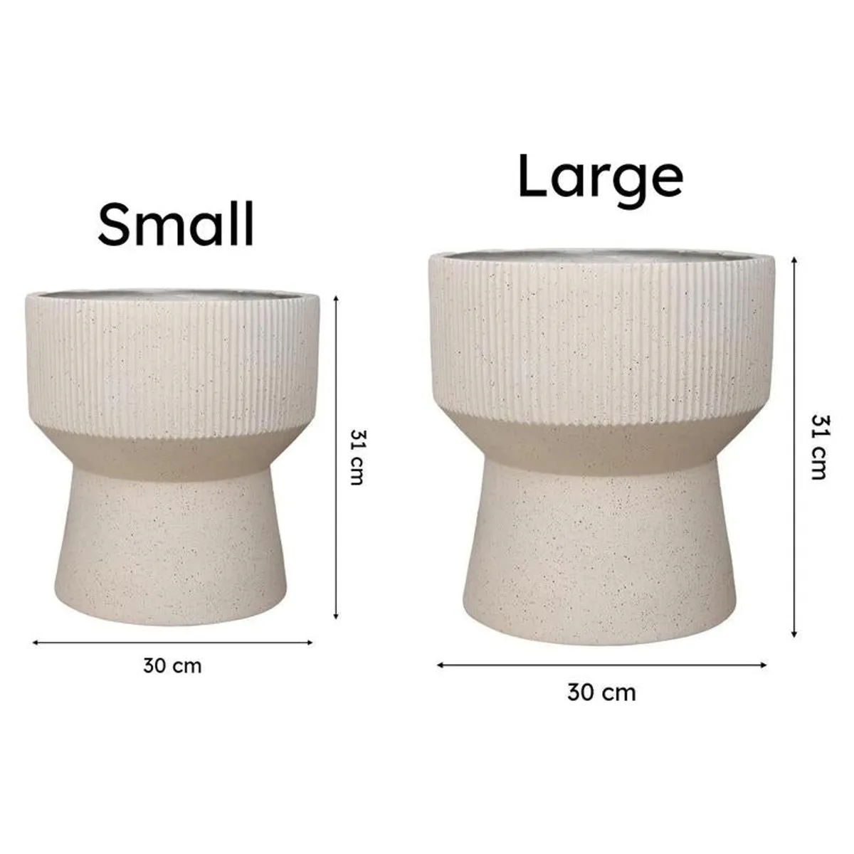 Side-by-side Small and Large off-white planters shown for size comparison.