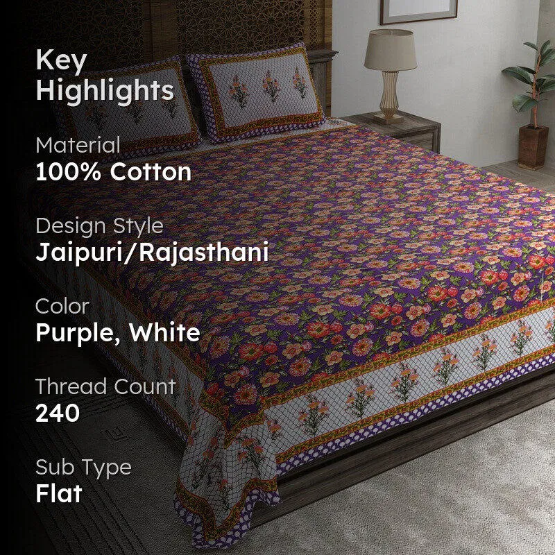 Bloomus Cotton Bedsheet (Purple,White) - 240 TC media 2