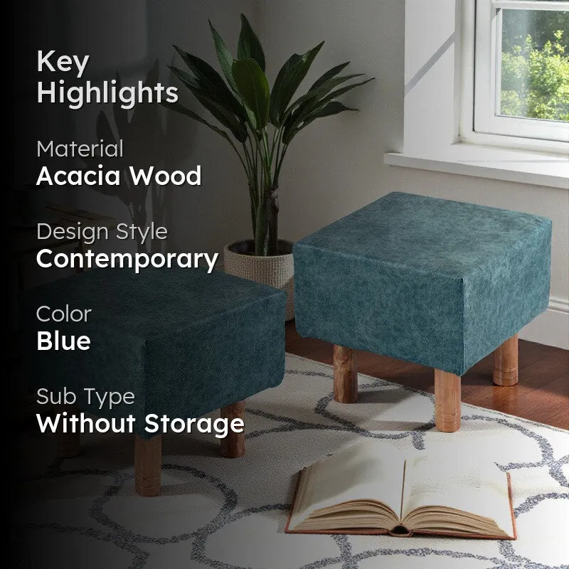 Trixon Acacia Wooden Ottomans (Blue) - Set Of Two media 2