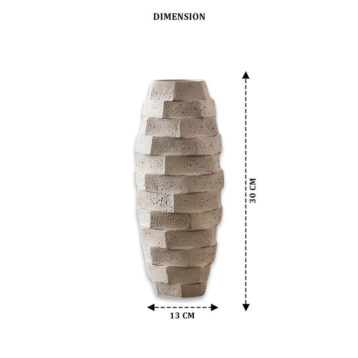 White geometric vase shown against a plain background with dimension arrows